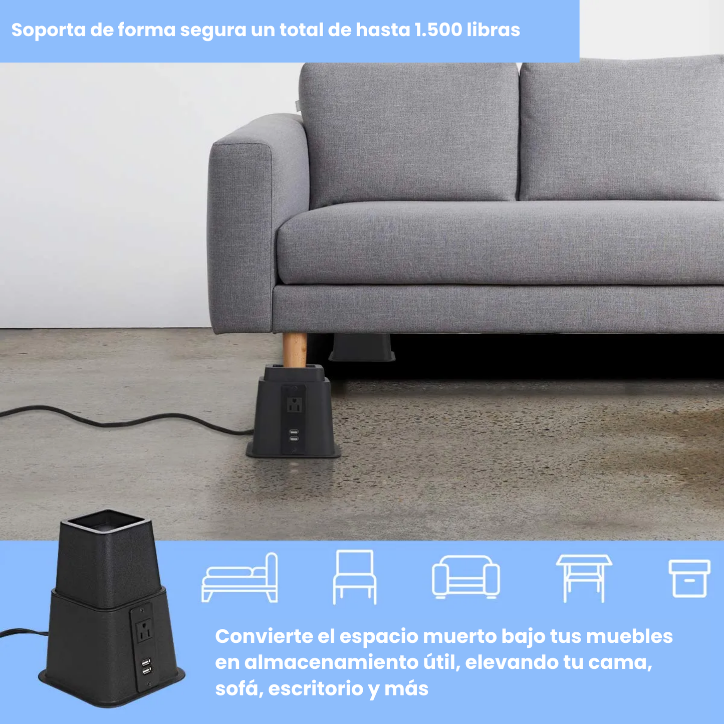 PowerBase® | Elevador de Cama con Tomacorriente USB